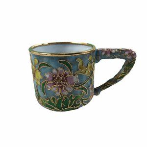 2/$30 Vintage Small Cup Cloisonne Ornate Floral Enamel Flower Gold Rim Blue